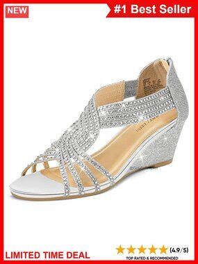 Diana Low Wedge Sandals Faux Leather Rhinestone Open Toe Women's Dress Shoes